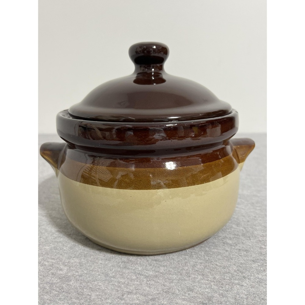Vintage Stoneware Bean Pot Covered Casserole Soup Crock Made in USA Kitchen Cook